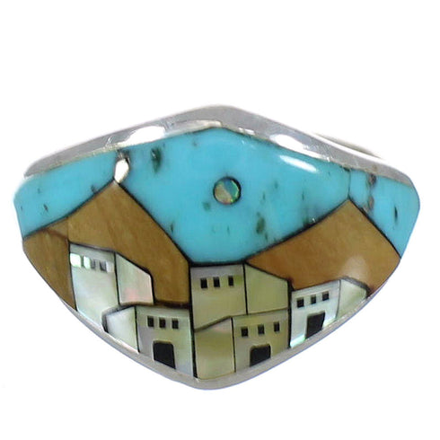 Native American Village Design Southwestern Silver And Multicolor Ring Size 5-3/4 YX77886
